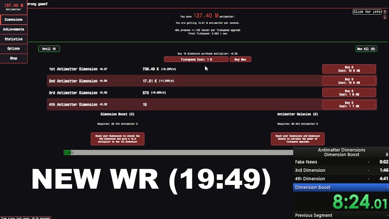 NEW WR (19:49) Antimatter Dimensions Dimension Boost % Speedrun - No Speedrun Mode Web