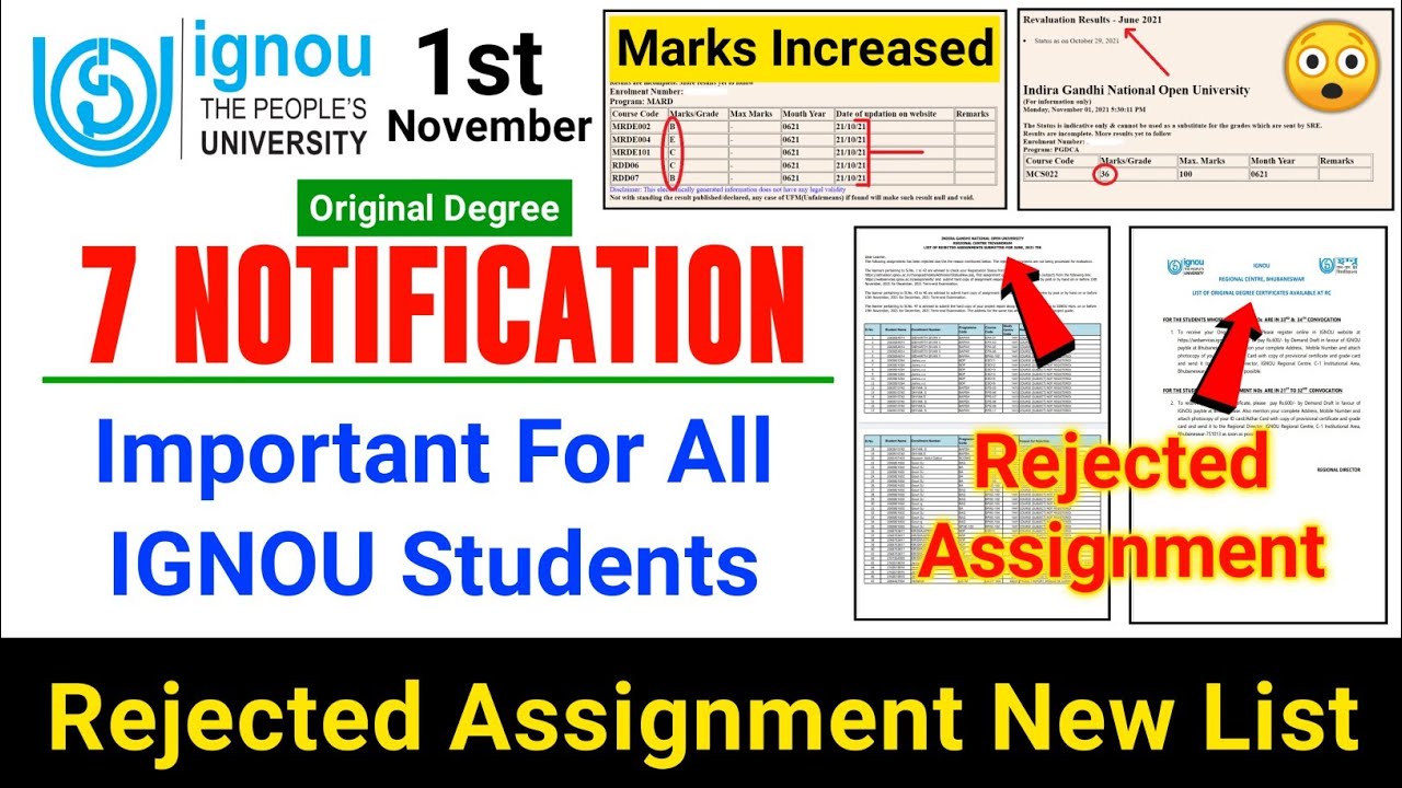 IGNOU Released Rejected Assignment New List 2021 | Exam & Revaluation Result | Original Degree List