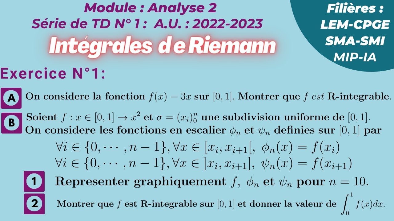 Exercices corrigés, TD :  Intégrale de Riemann : USMBA-ENS-Fès A.U. : 2022-2023 : Exercice 1