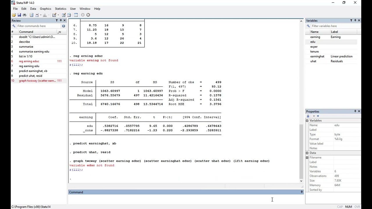 Simple linear regression in stata