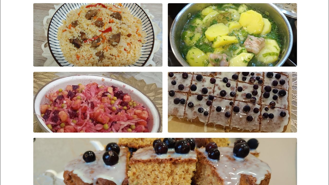 Еда на два дня. Тушёный картофель с мясом и зеленью. Плов. Винегрет. Манник.