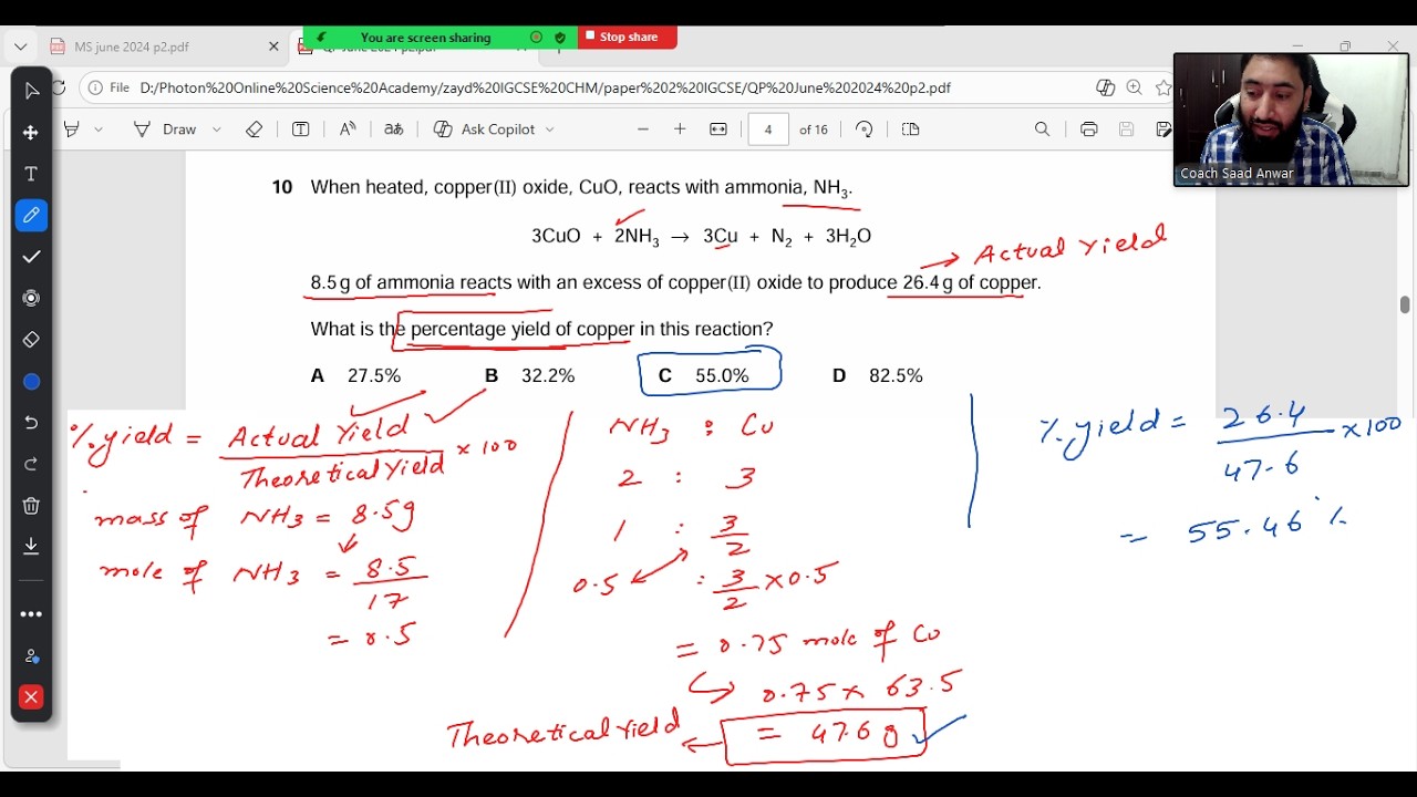 What is the percentage yield of copper|0620/21May/June 2024|Percentage Yeild Calculation|Saad Anwar