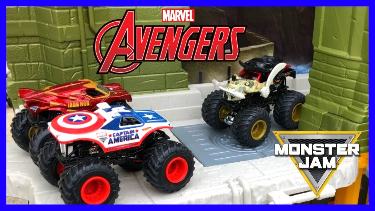 Marvel Avengers Monster Trucks | Rescuing Mini Monster Jam Trucks | Champ Ramp Flips