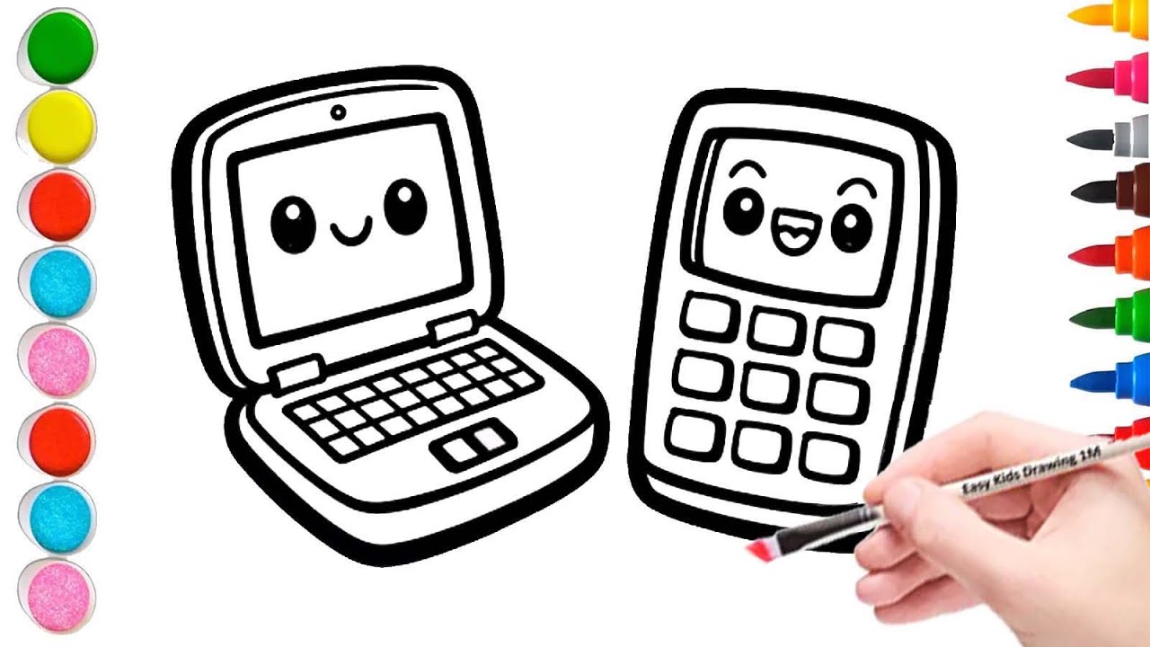 How to draw a carton laptop and mobile phone step by step for kids ||