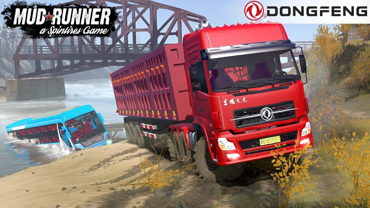 Spintires: MudRunner - DONGFENG 8X8 Truck Pulls A Bus Out Of A River