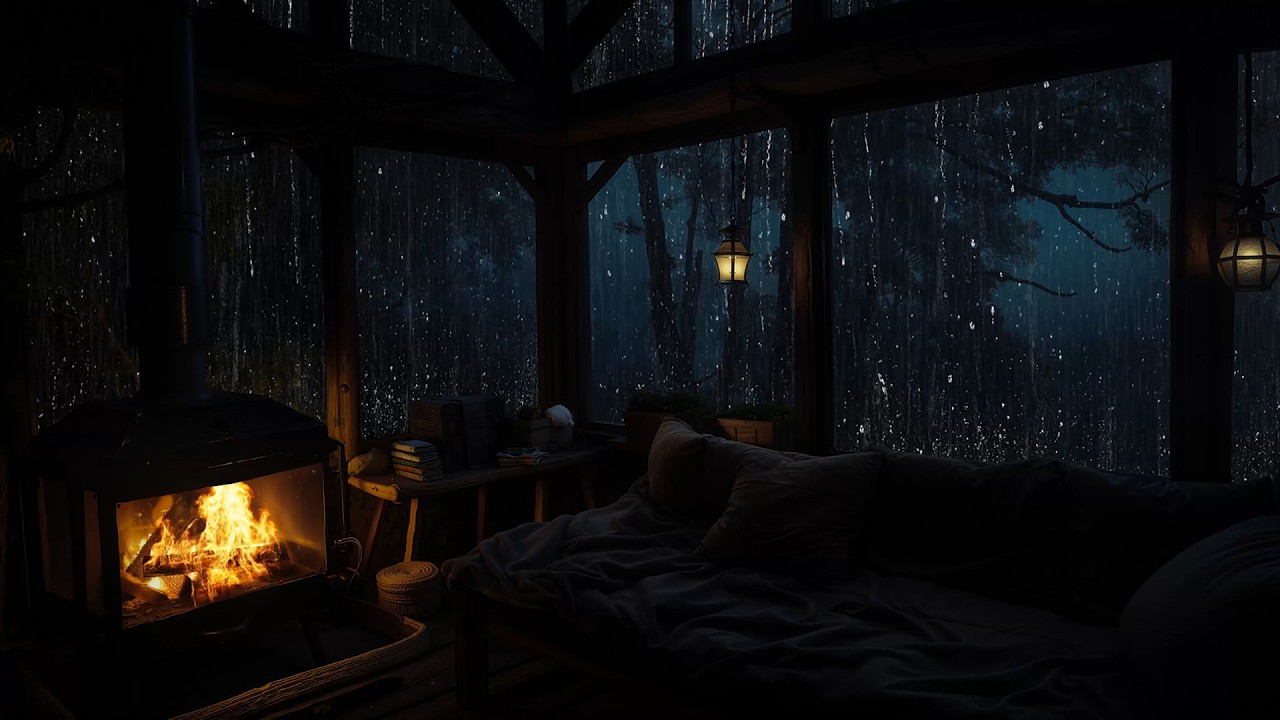 Calm Forest Rain Surrounds a Warm Fireplace Cabin at Night | Cozy Ambience in The Forest