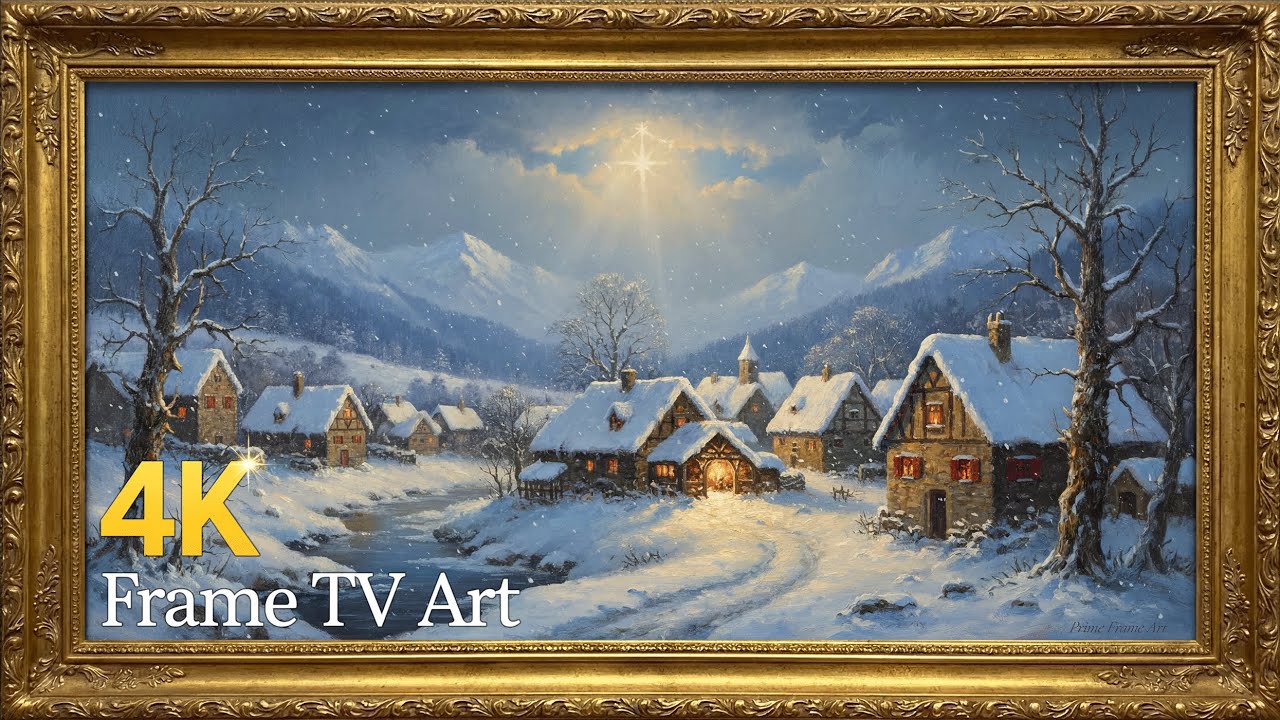 Peaceful Winter Village Oil Painting | Gold Frame TV Art Screensaver | 2 Hours | No Music