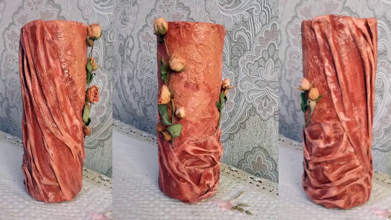 Ваза из пластиковой бутылки, декорированная тканью и сушеными розами