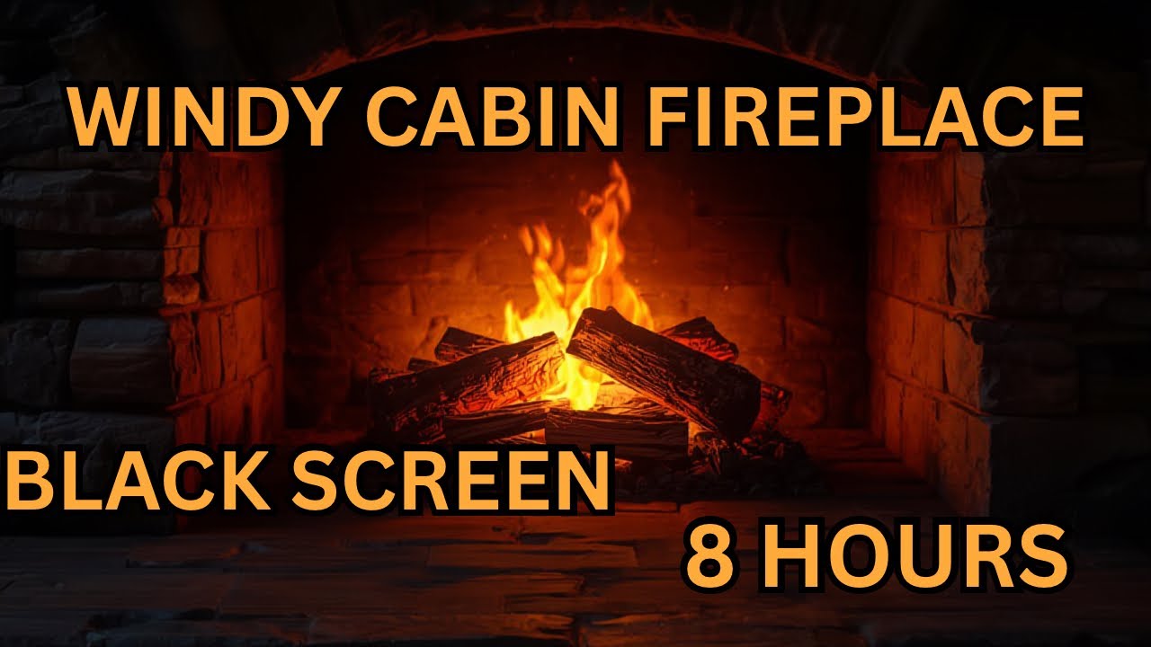 Windy Cabin Fireplace + soft music | Black screen | 8 Hours |