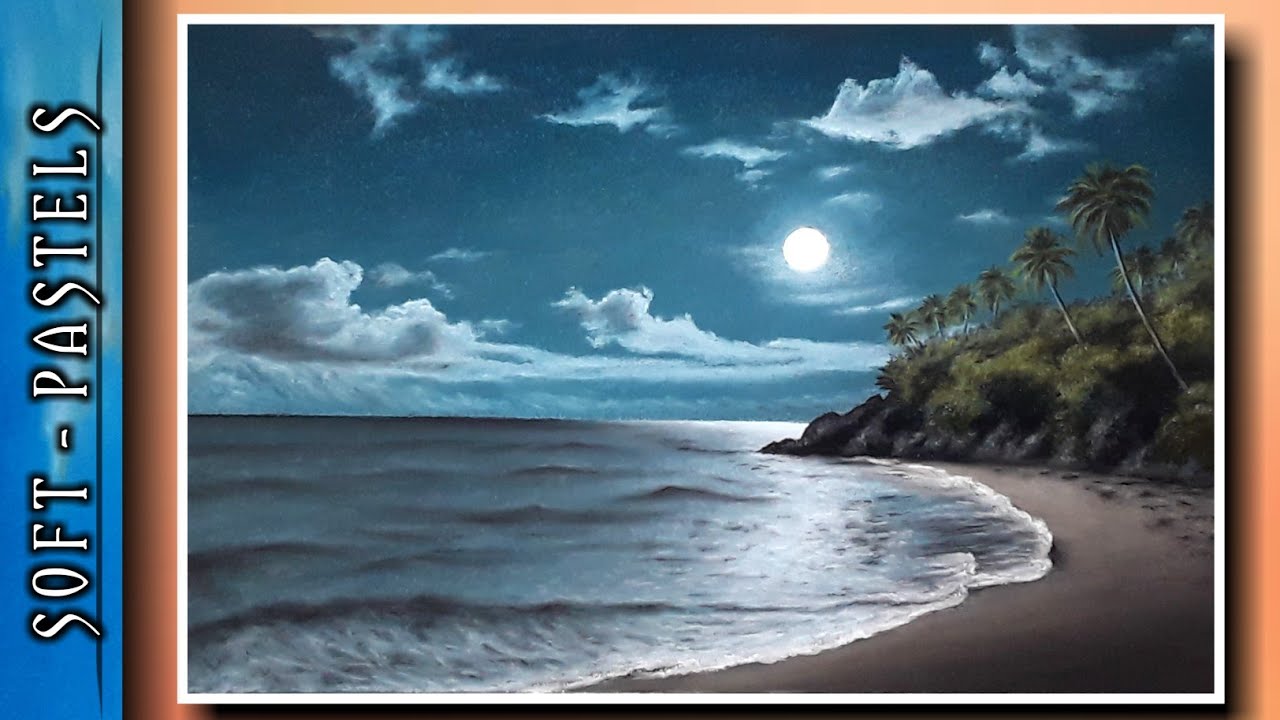 How To Draw Moonlight Beach | Night Sea Beach Painting | Soft Pastel Drawing Easy