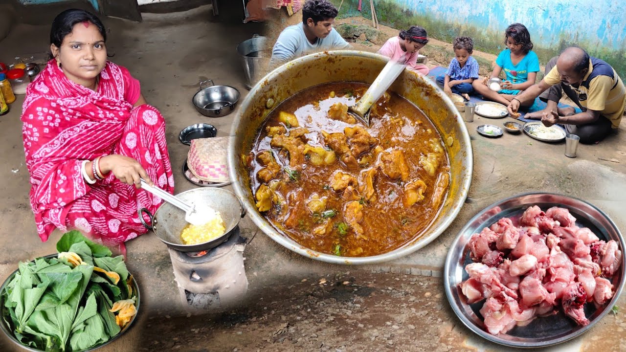 Chicken Curry Recipe with Pumpkin Leaves Cooking and Eating || Village Food 