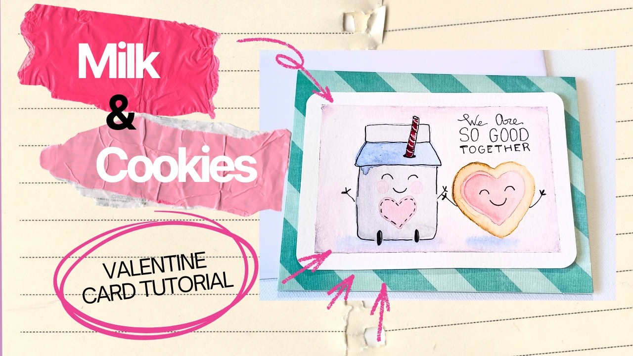 Easy Cute Watercolor Valentine Card Painting Tutorial of Milk and Cookies, Art Tutorial