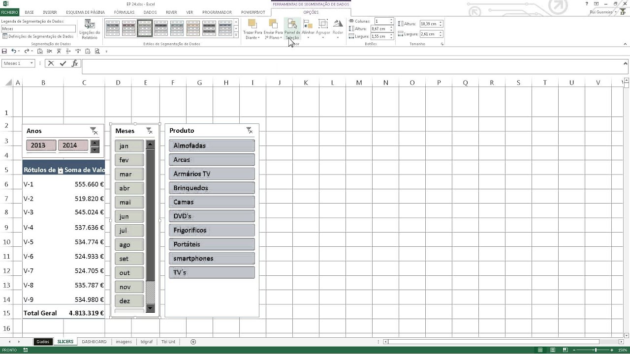 Excel Português 24 II -Tabela Dinâmica (Slicers ou Segmentação de Dados)