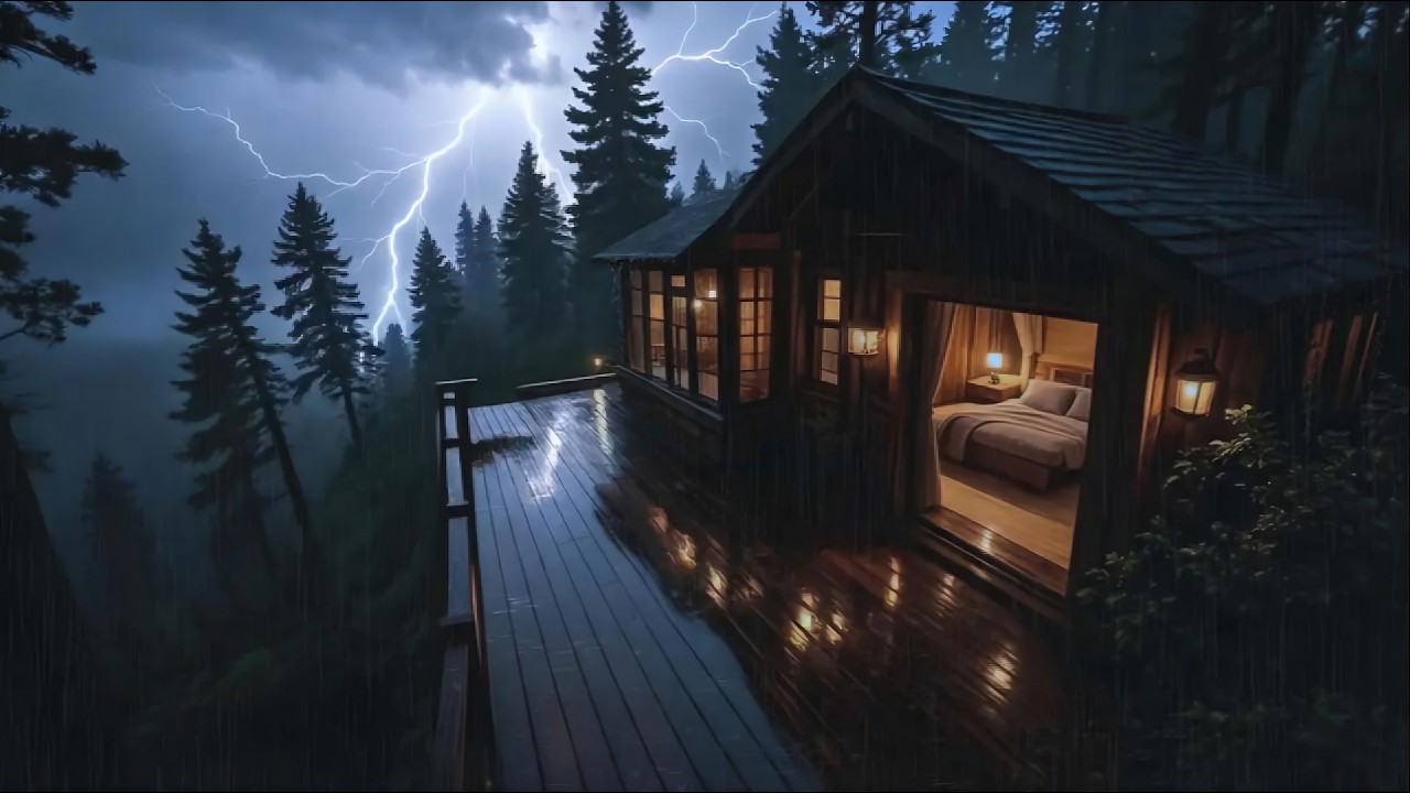 Soft Night Rain Sounds with Distant Thunder | Cozy Cabin Ambience for Deep Sleep