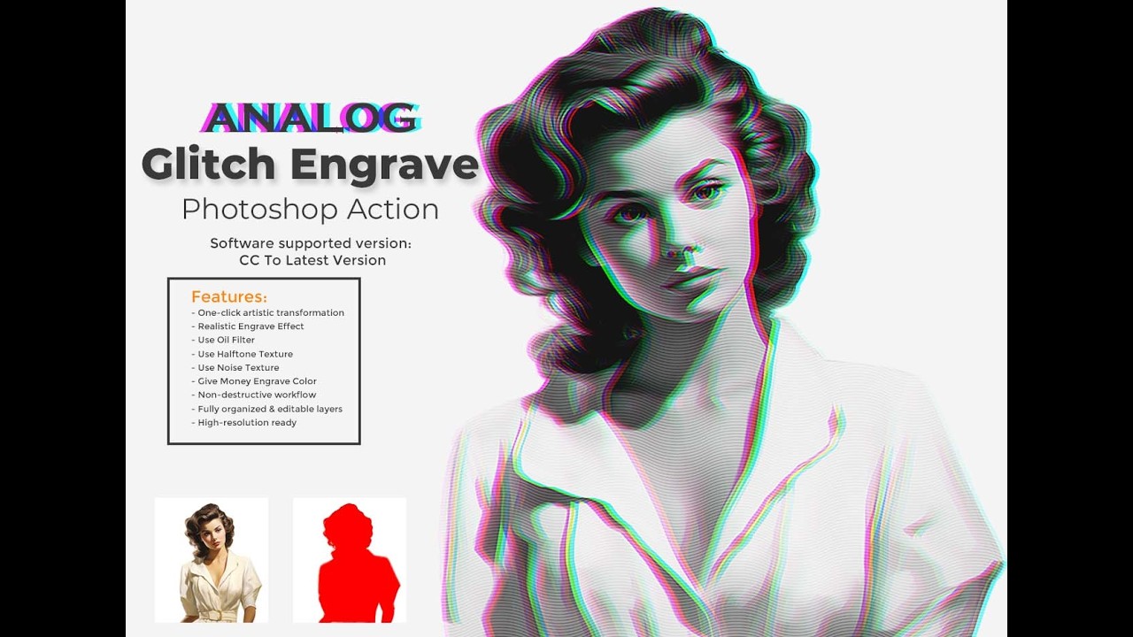 Analog Glitch Engrave Photoshop Action#PhotoshopAction#glitcheffect #engrave #glitch #analog