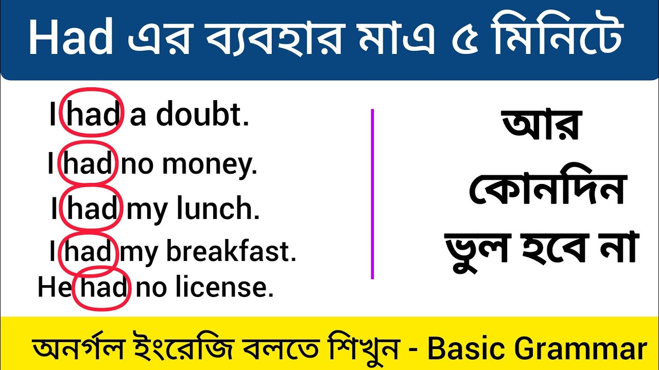 Had এর ব্যবহার ৫ মিনিটে শিখে নিন | Correct use of Had | Basic English Grammar For Beginners 