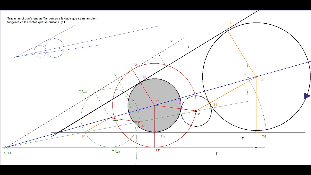 Trazar una Circunferencia Tangente a otra dada y a dos rectas que se cortan.
