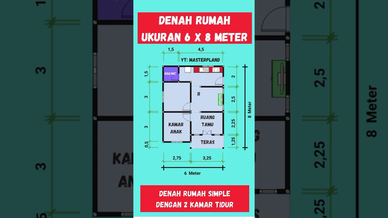 Denah Rumah 6x8 Meter - 2 Kamar Tidur & 1 Kamar Mandi | Desain Minimalis Nyaman