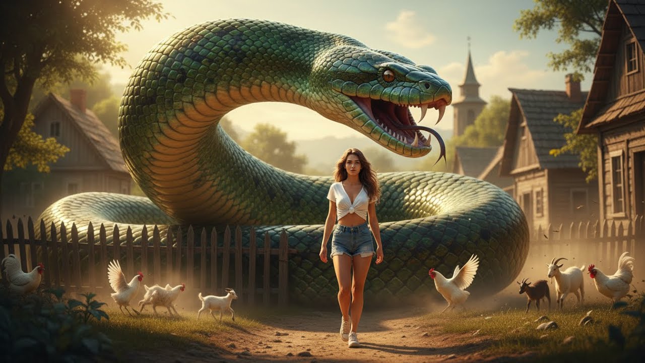 Giant Python Attacks the Village, One Brave Farm Girl Stands Alone Against It .