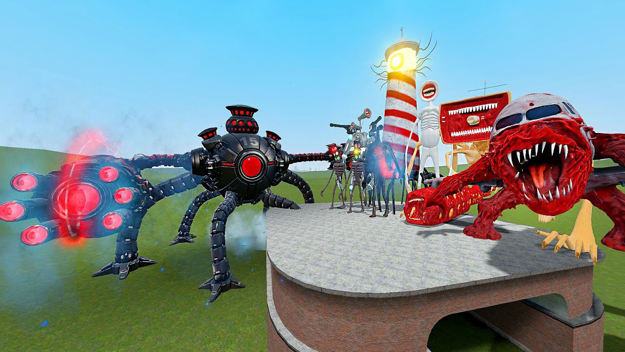 Epic battle  monster: Robot Omniroid V.15 VS megahorn, lighthouse, fly monster (Garry's Mod)