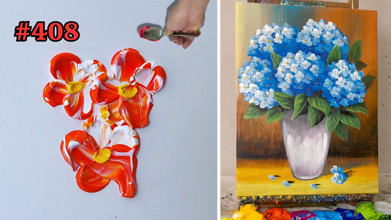 How to Paint a Blue Hydrangea Bouquet in a Vase | Step-by-Step Acrylic Tutorial for Beginners #408