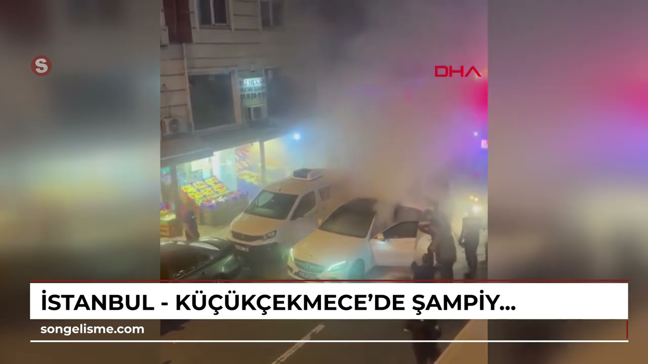 İstanbul - Küçükçekmece'de şampiyonluk kutlamalarında içerisinde havai fişek patlayan otomobil yandı