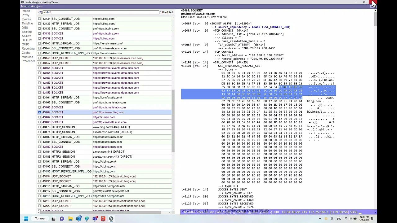 Analyzing NetLog-captured TLS ClientHello's using Fiddler