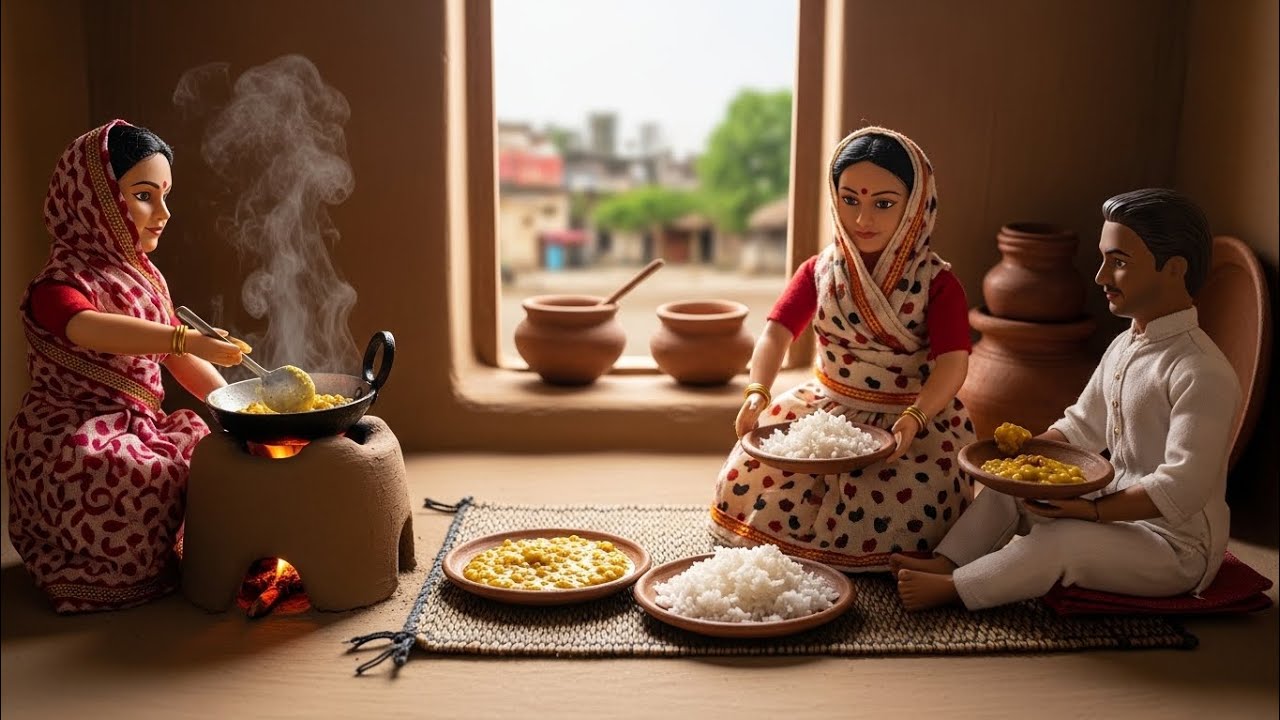 Miniature Doll Dal Chawal Cooking in Tiny Indian Village Kitchen