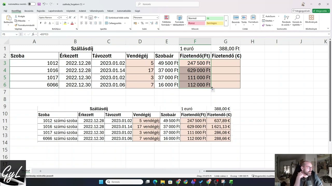 Táblázatkezelés | MS Excel | Szállodai forgalom | 8. osztály