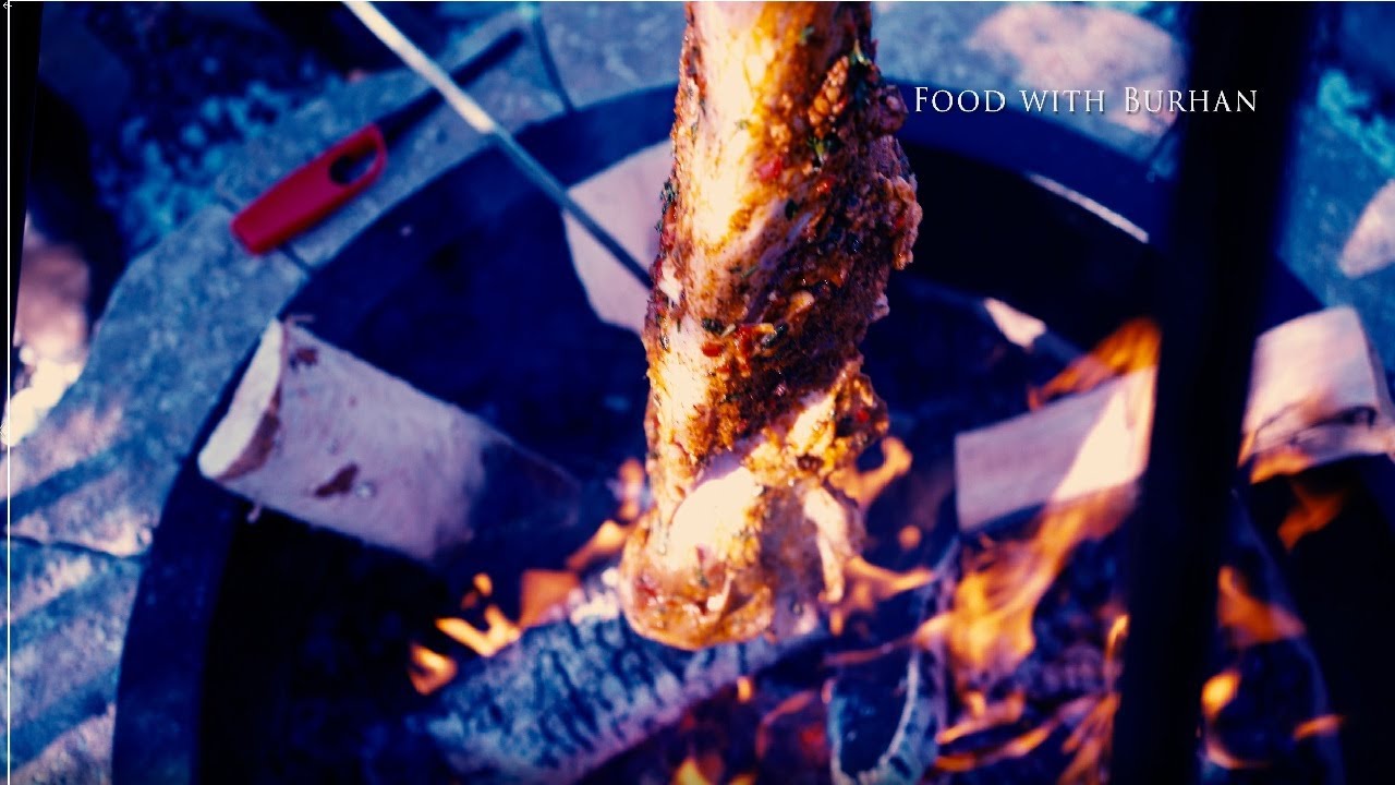 Open Fire Pit Cooking Grill | Open Fire Cooking Recipes | Grilling Goat Leg outdoor