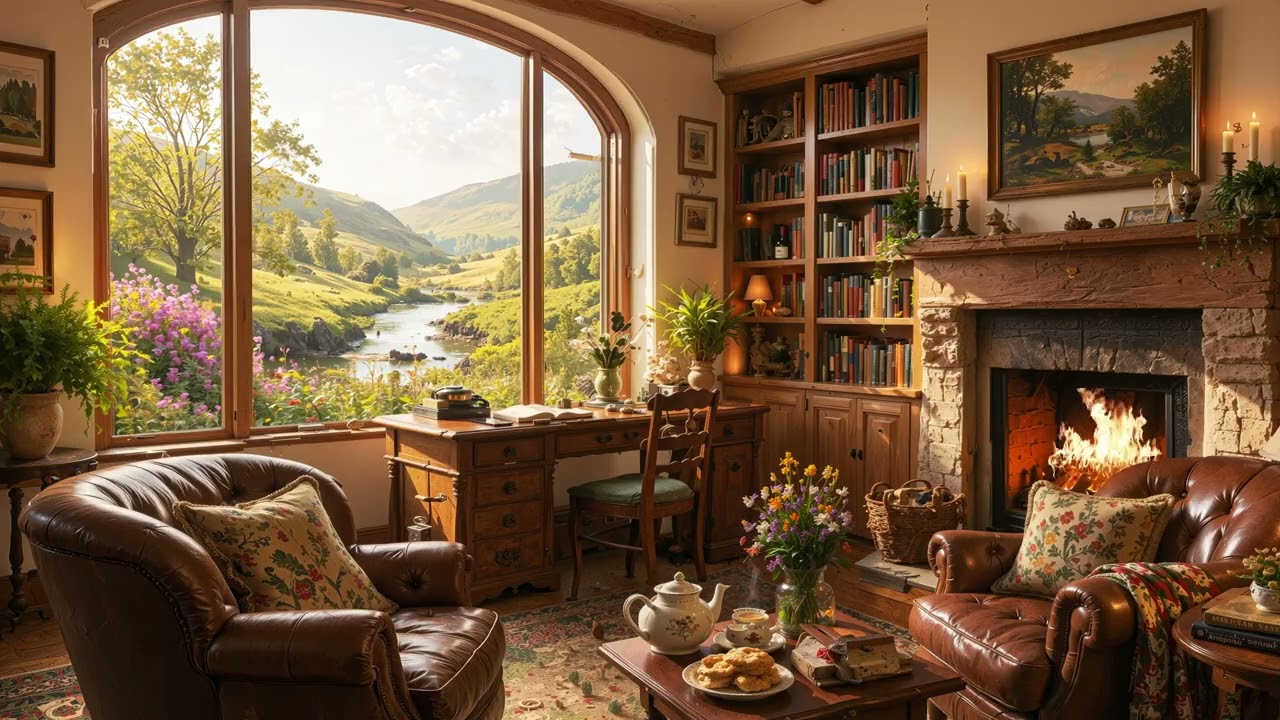 Scottish Ambience: Sunny Highland Study ☀️ Cozy Fireplace, Birdsong & Creek Sounds