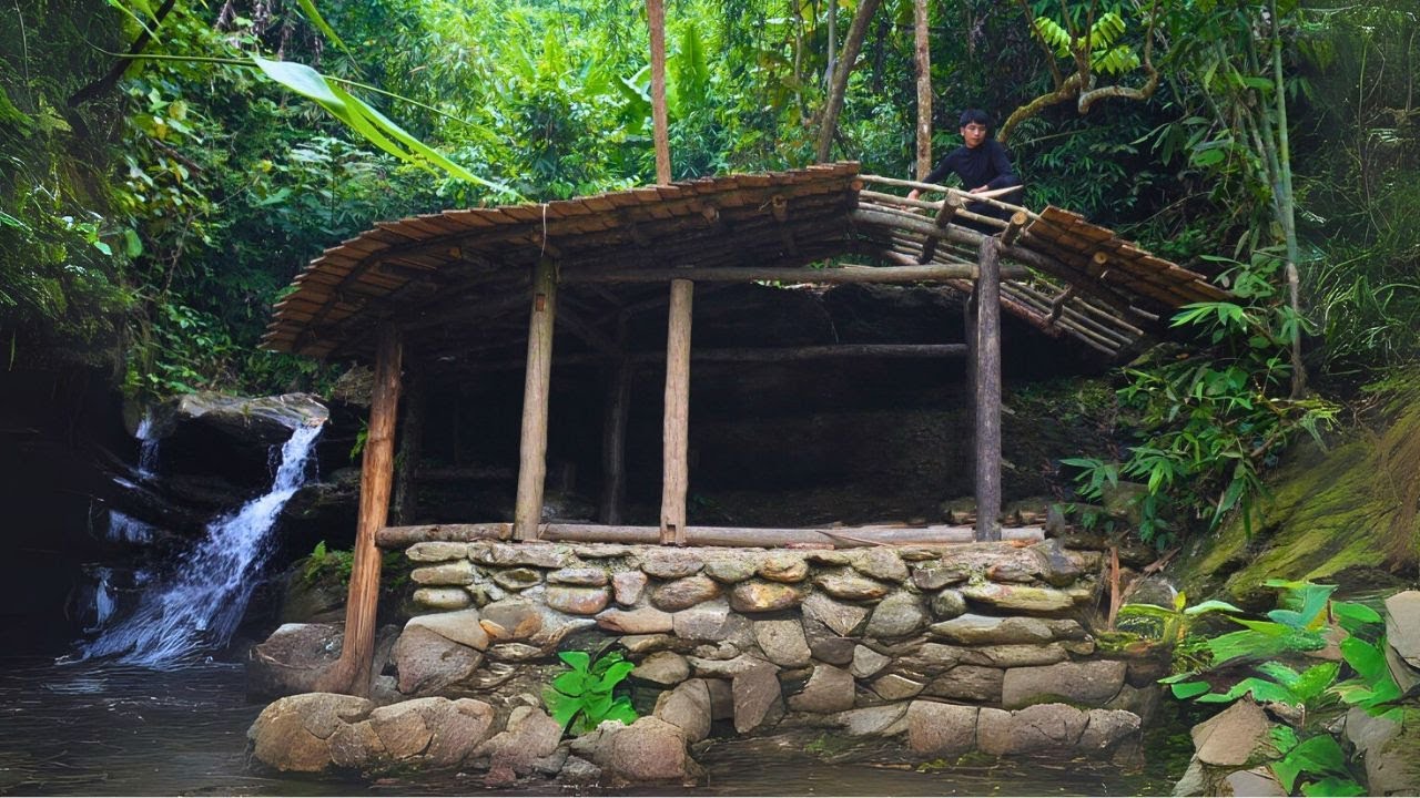 Using my carpentry skills, I built the wooden frame and roof. Build a house next to waterfall