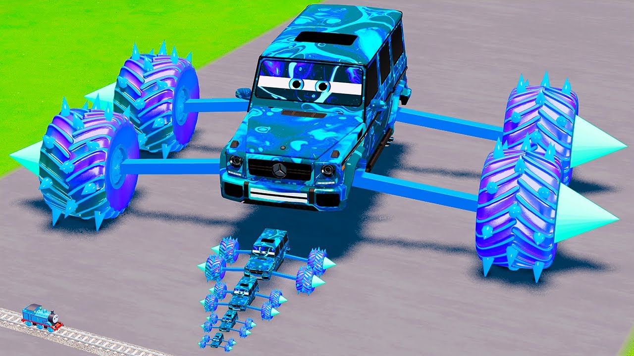 Big & Small Wide Space Blue Liquid Red Vizor Lightning McQueen Monster Truck vs Trains BeamNG.drive