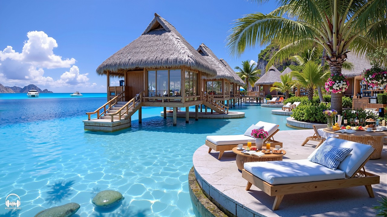 Morning Beach Ambience with Happy Bossa Nova Jazz Music & Ocean Wave Sounds for Relax, Work, Study