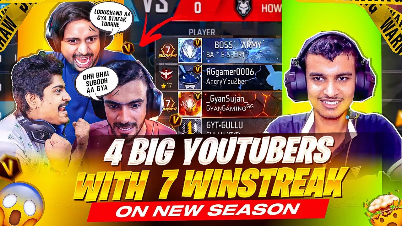 4 BIG YOUTUBERS😱 ANGRY YOUTUBER, GYAN GAMING, BOSS ARMY AND GULLU YT🥶 WITH '7' WINSTREAK IN MY GAME🔥
