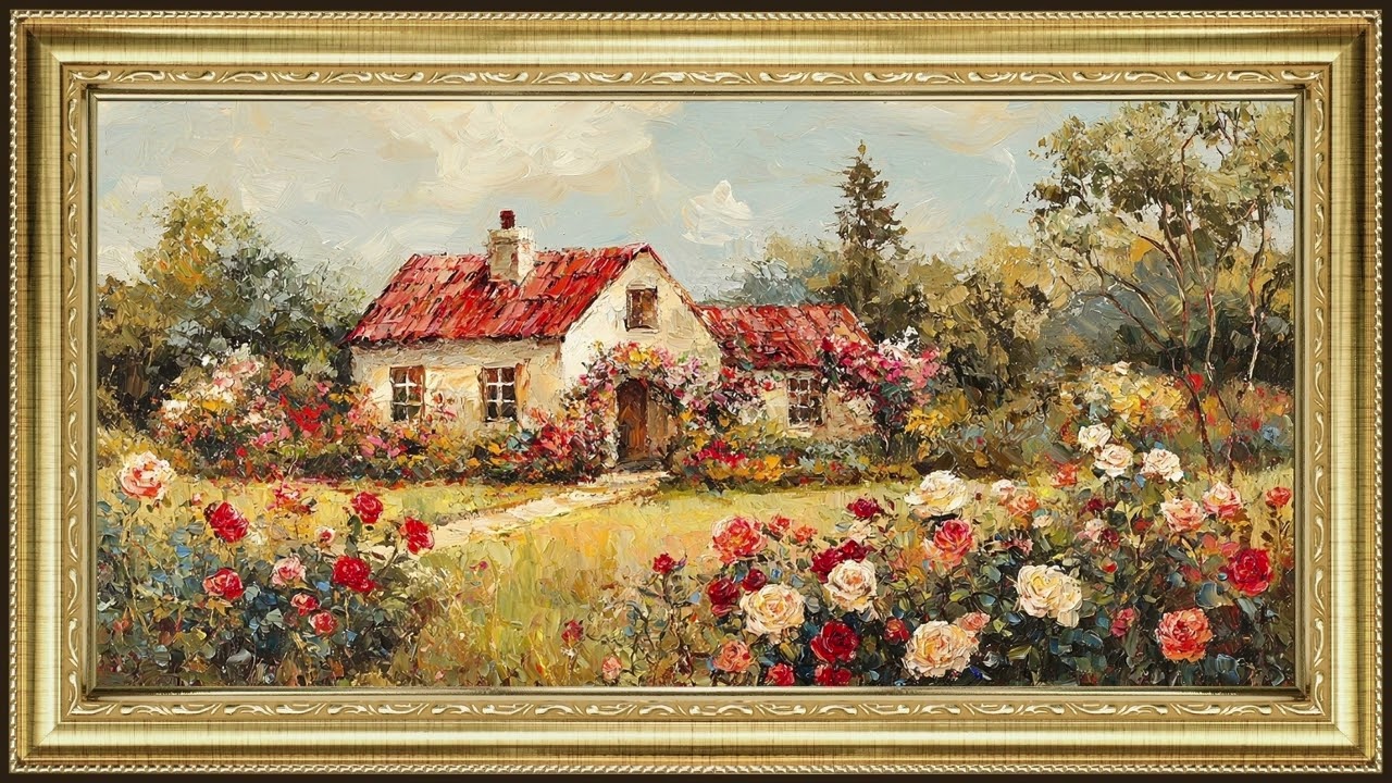 Rose Cottage Garden in Spring, Vintage Impressionist Oil Painting 4K UHD | Framed Art TV Screensaver
