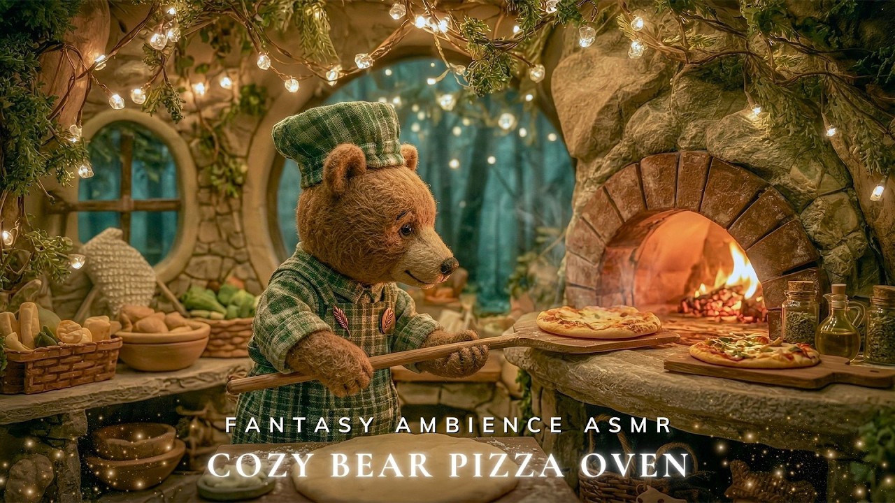 Cozy Bear Pizza Oven 🍄🔥 Soft Piano, Forest Ambience & Fireplace Sounds for Deep Rest