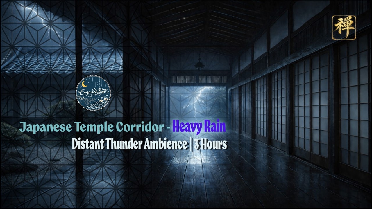 Japanese Temple Corridor – Heavy Rain | Distant Thunder Ambience | 3 Hours