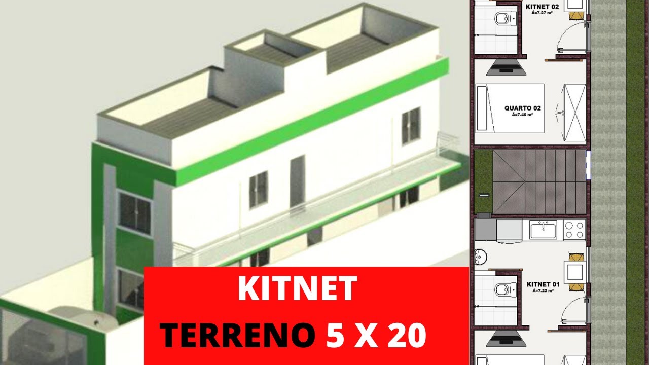 Kitnet para alugar pequenos apartamentos - Projeto de Kitnet terreno 5 x 20