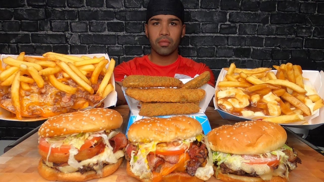 (ASMR) FAT BURGERS, CHILI CHEESE FRIES, POUTINE, DEEP FRIED PICKLES MUKBANG