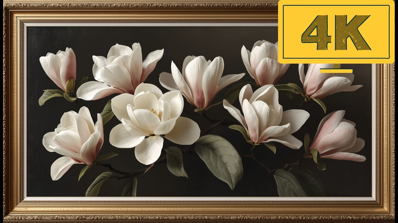 4K TV WALLPAPER White Magnolia Flowers on Dark Background | Classic Luxury Wall Art