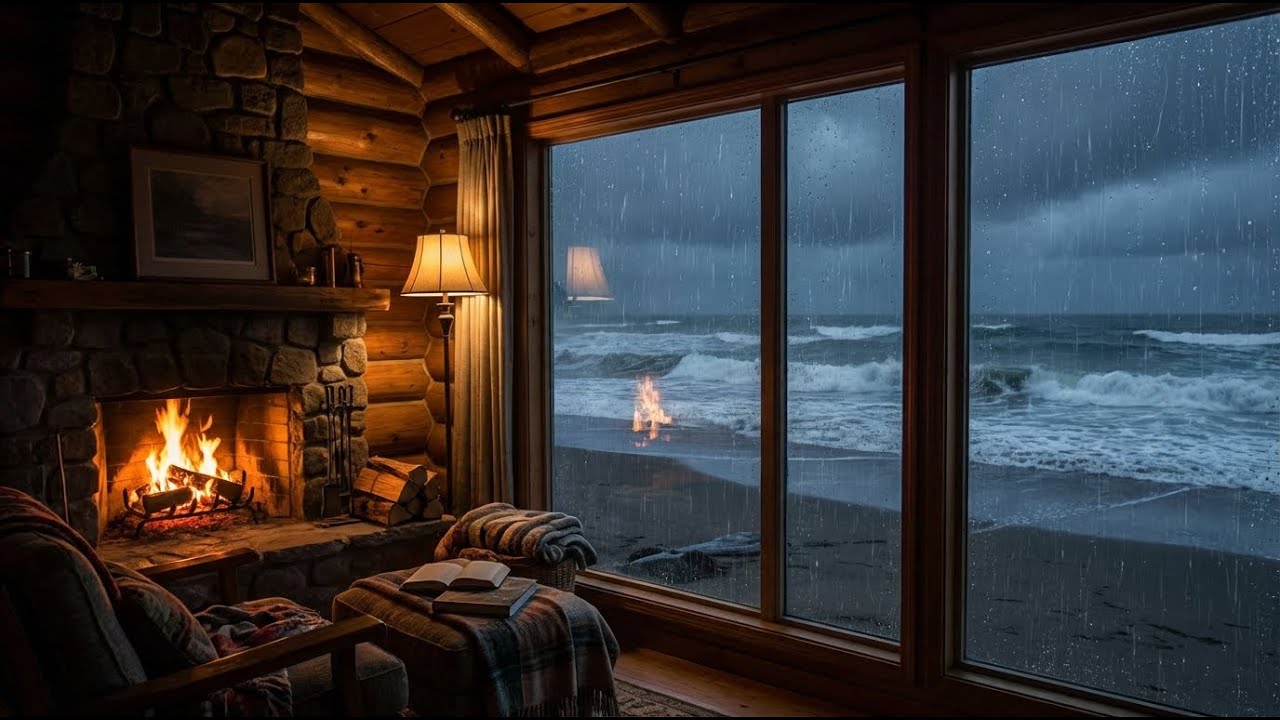 12 HOURS  Cozy Rain & Fireplace Sounds  Seaside Retreat