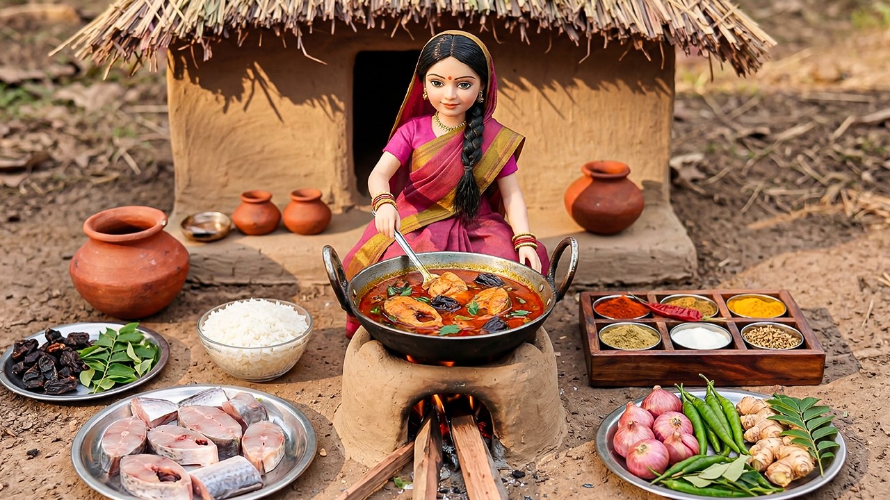 Miniature Doll Kerala Meen Curry & Plain Rice Cooking ASMR | Indian Village Tiny Kitchen Story