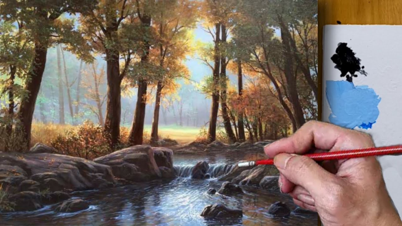 Акриловые краски / Как нарисовать водопад, озеро и скалы в пейзаже