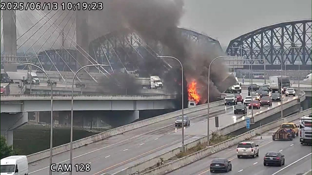 Semi catches fire, falls off interstate overpass in downtown Louisville