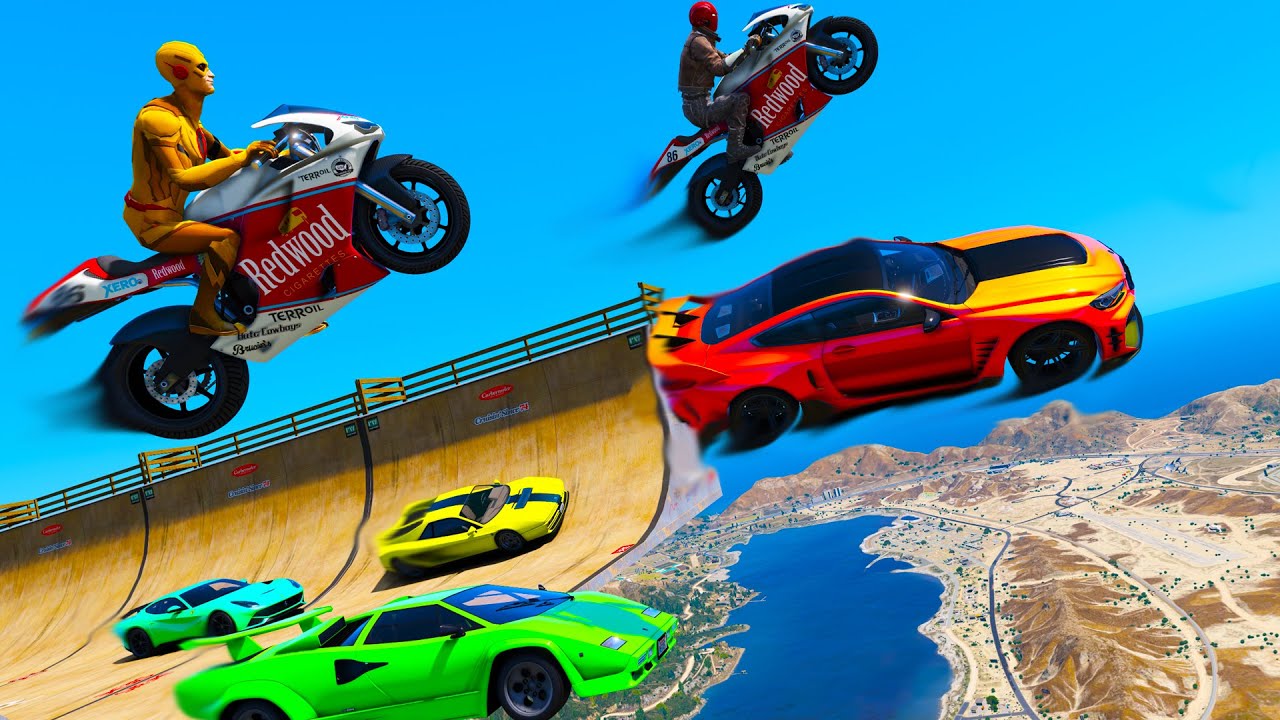 Two bandits challenge Epic Ramps Sportcars and Sportbike Spiderman team vs Trevor team GTA V mods