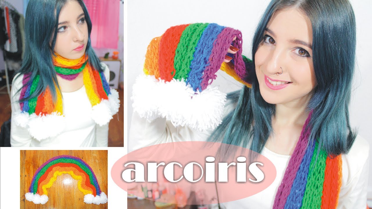tejer con los dedos ✩ BUFANDA ARCOIRIS ¡super fácil!