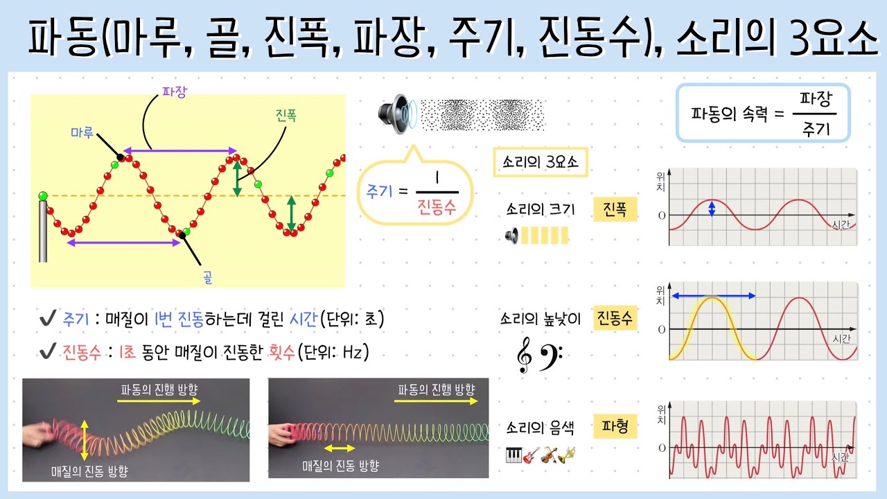[중2 빛과 파동] 4강. 파동┃횡파, 종파┃마루, 골, 진폭, 파장┃진동수와 주기┃소리의 3요소🎵