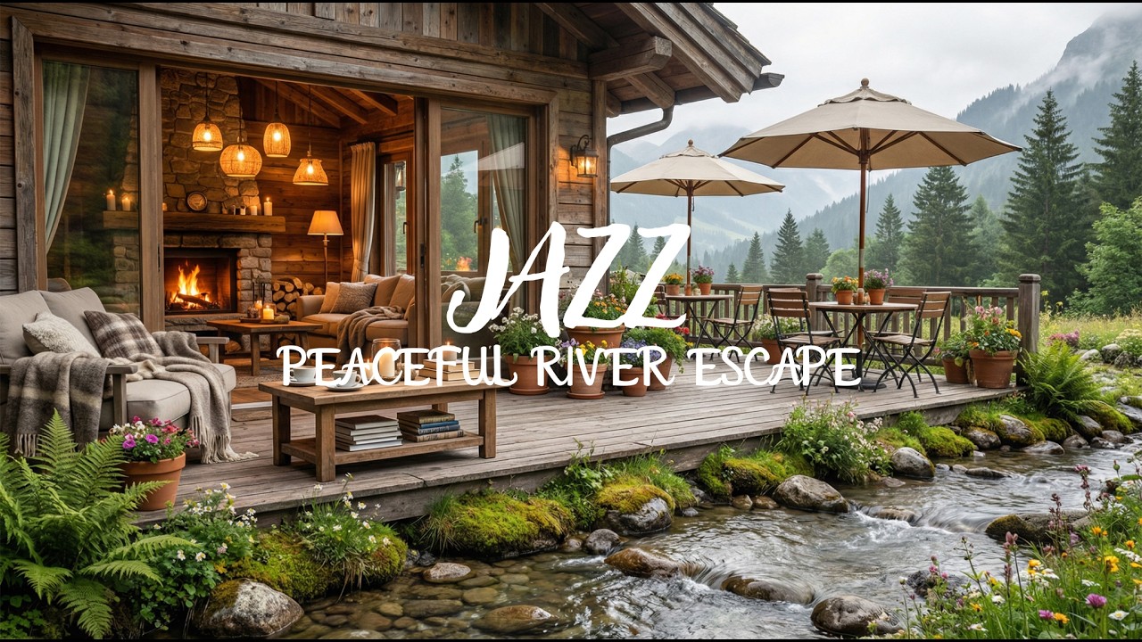🔥🌲 4K Mountain Cabin Ambience – 3 HOURS Fireplace, Clear River & Relaxing Jazz | NO ADS