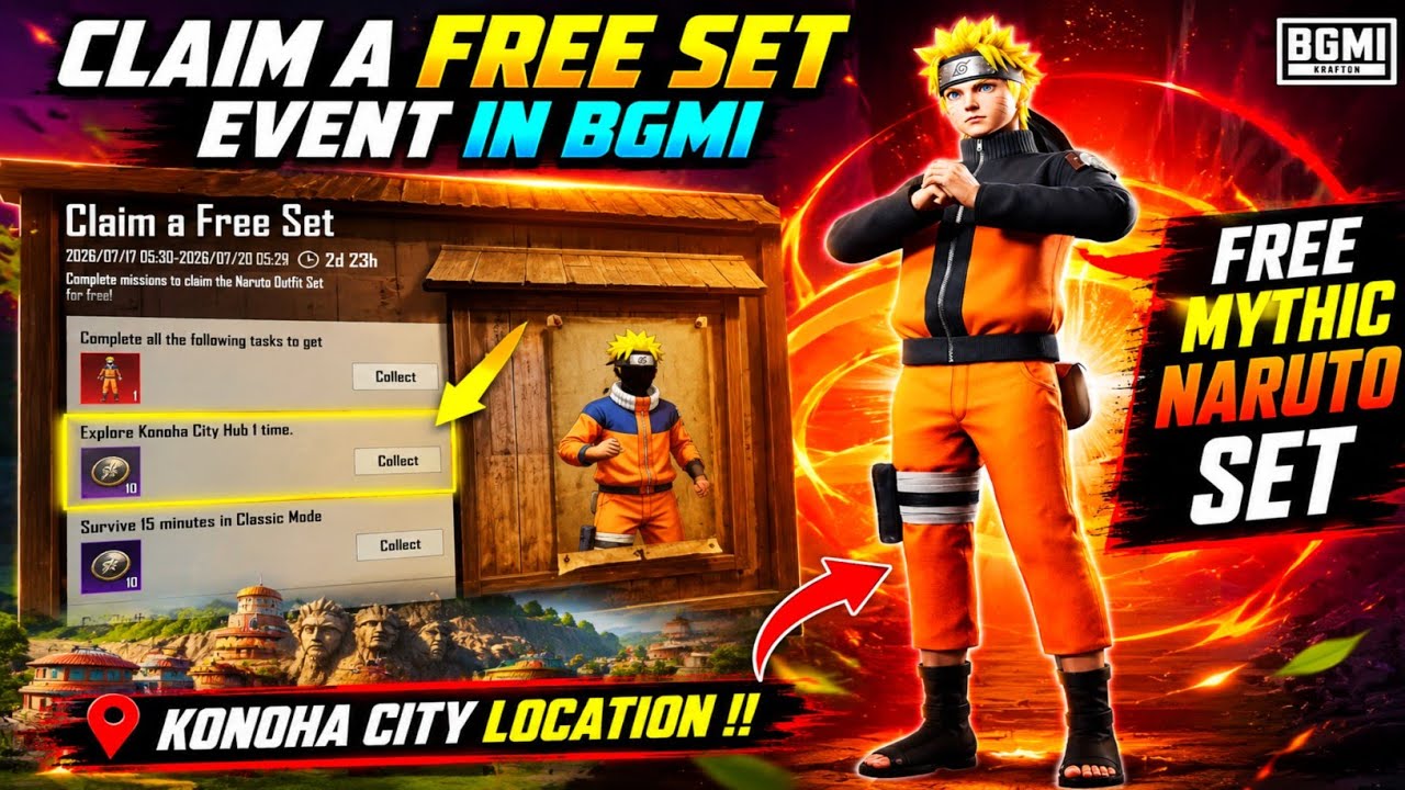 😍CLAIM A FREE SET EVENT IN BGMI | EXPLORE KONOHA CITY HUB 1 TIME | FREE MYTHIC NARUTO UZUMAKI SET